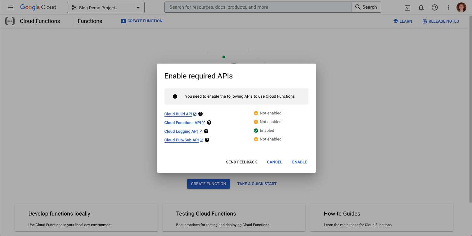 Screenshot of GCP Project Modal requiring Enable APIs for Cloud Function