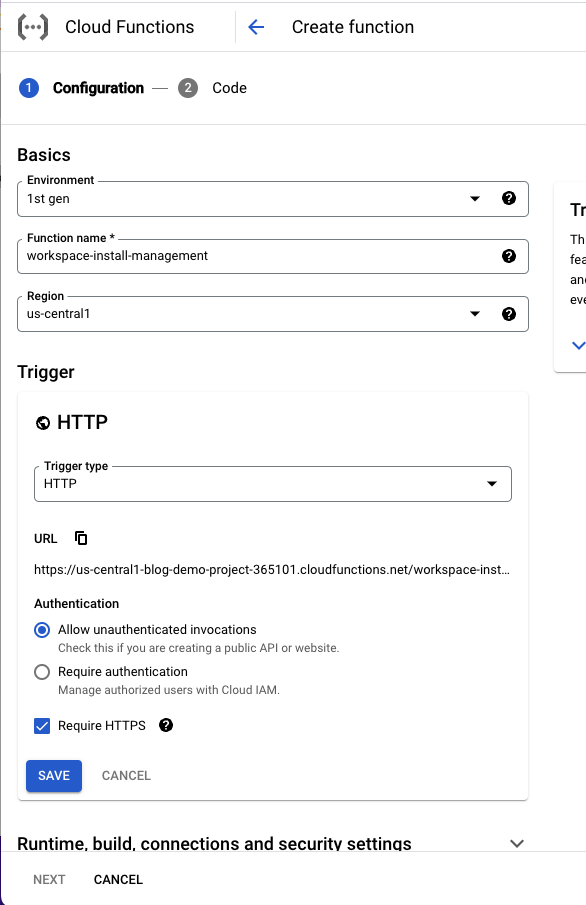 Screenshot of GCP Cloud Function initial configuration