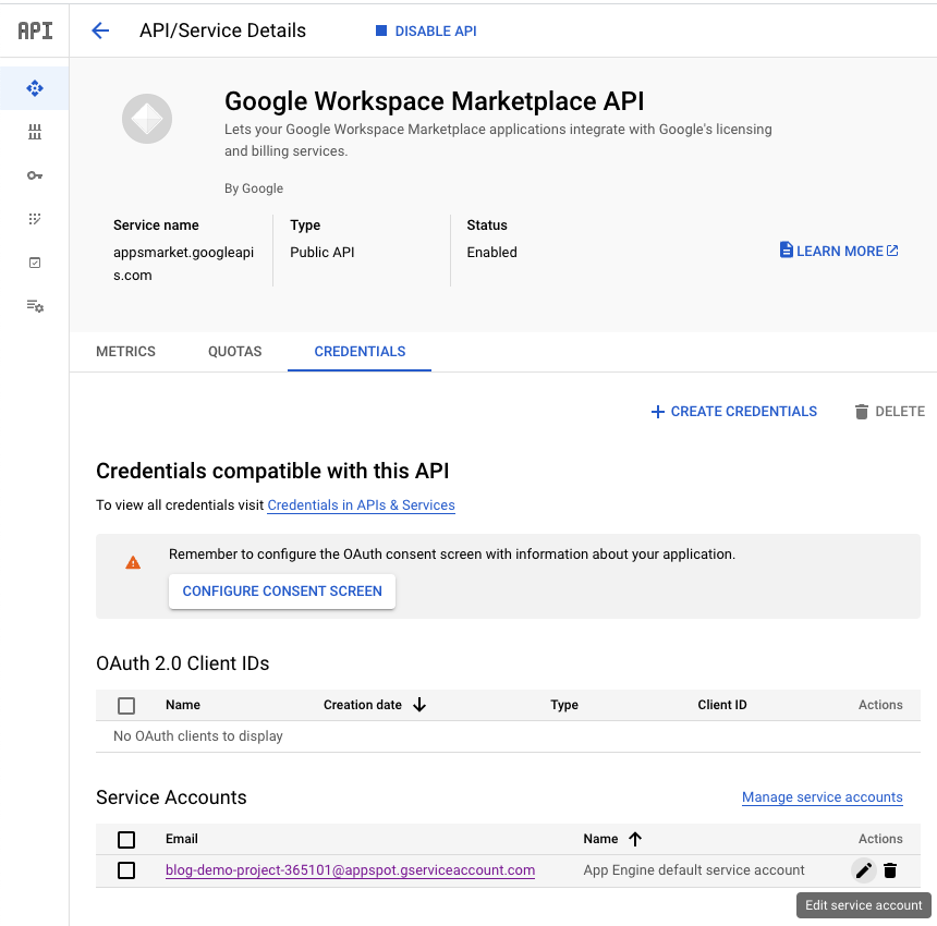 Marketplace API Credentials tab showing how to Edit Service Account