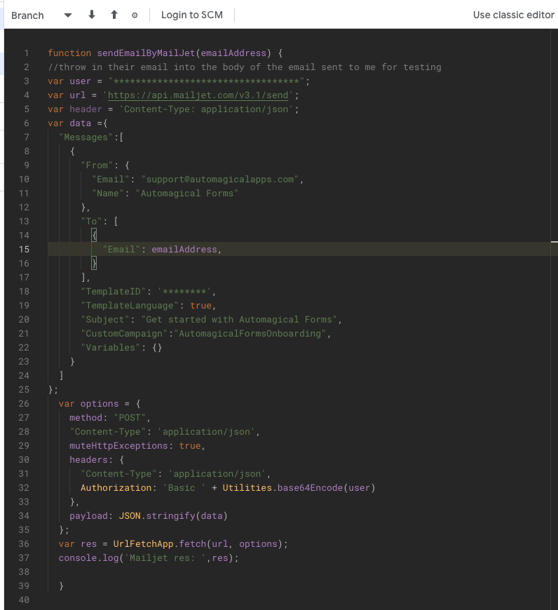 Screenshot of Apps Script code to send mail by Mailjet