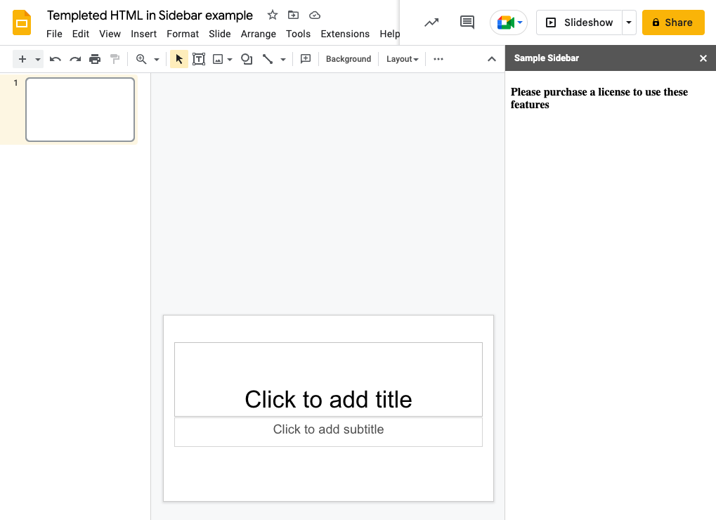 Screenshot of Google Slides with Addon open in Sidebar showing default message