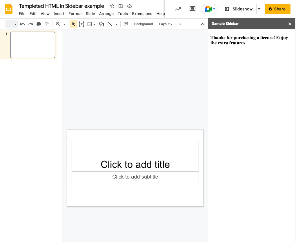 Screenshot of Google Slides with Addon open in Sidebar showing licensed message