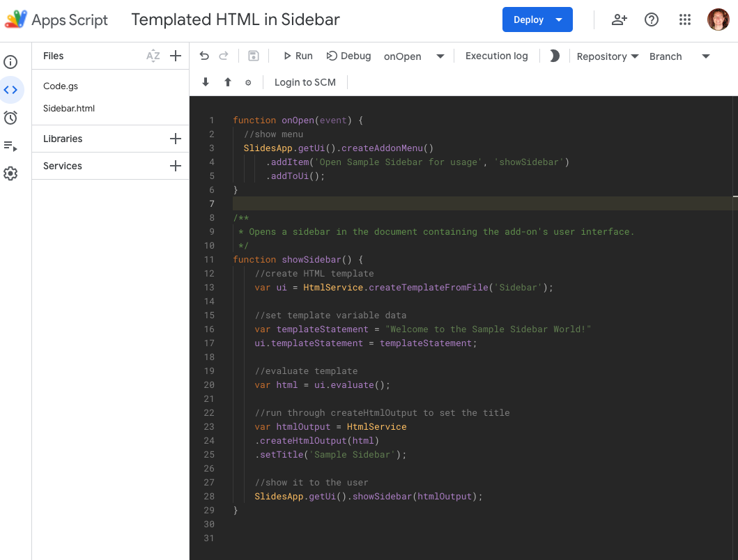 Screenshot of AppsScript Code